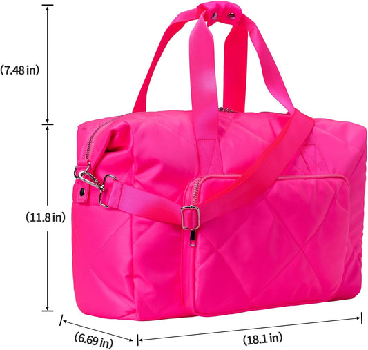 Hot Pink Gym Bag for Women, 18 Inch Lightweight Puffy Carry On Duffel Bag for Travel Sports Yoga, Water Resistant