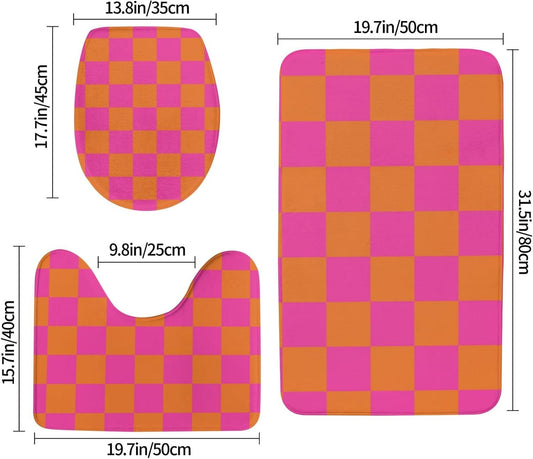 3 Pieces Bath Rug Sets, Pink Orange Checkered Pattern Bathroom Mat Set Non Slip U Shaped Contour Rug & Toilet Lid Cover