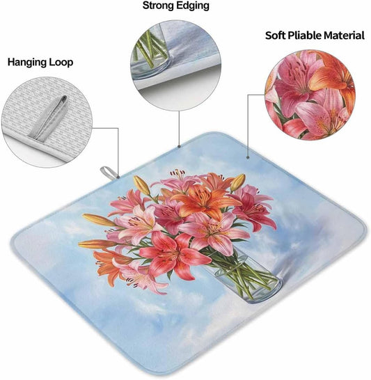 Dish Drying Mat for Kitchen Counter,Watercolor Pink Lily Floral Absorbent Microfiber Drainer Rack Pad Flower Vase on Light Blue Quick Dry Mat for Sinks Dishes Utensils 16x18in,1 Pack