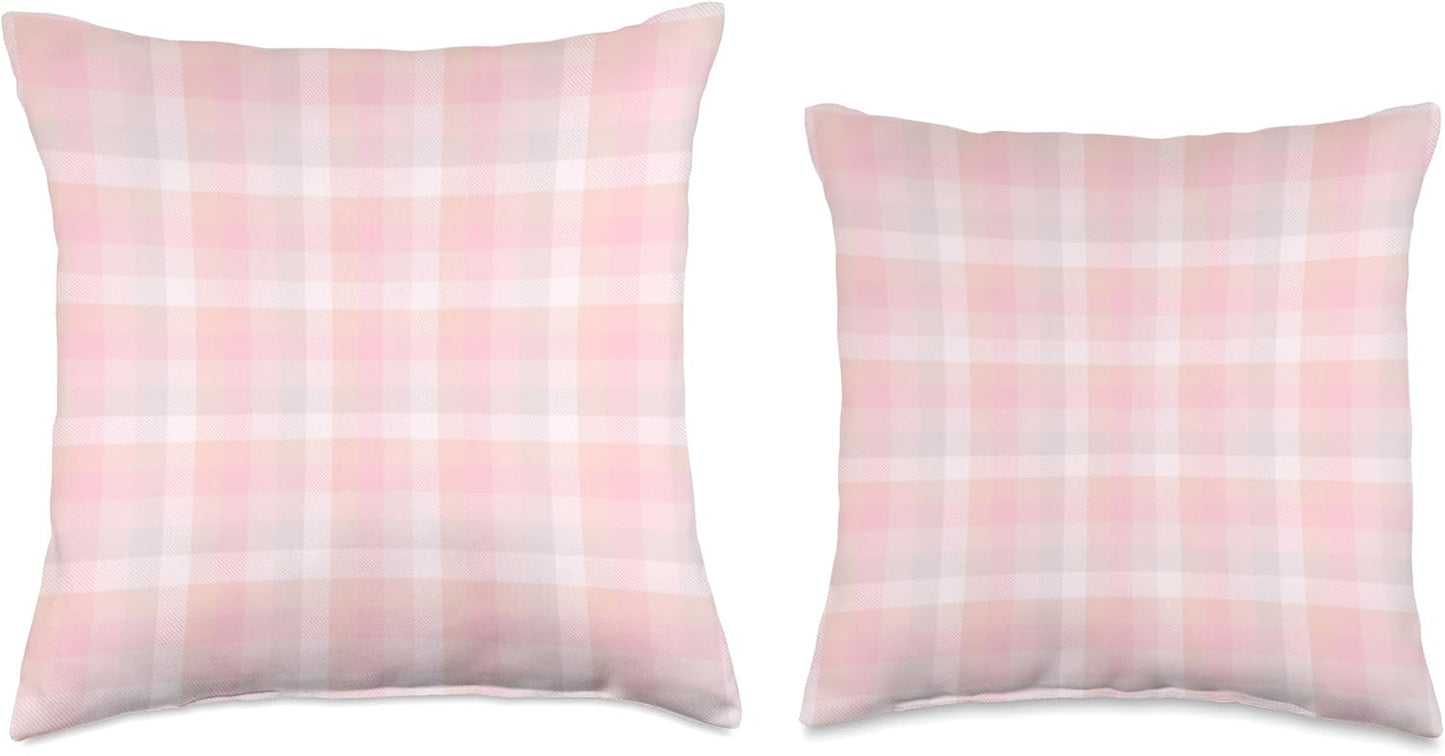 Cute Pastel Pink Peach Plaid Check Gingham Checkered Pattern Throw Pillow