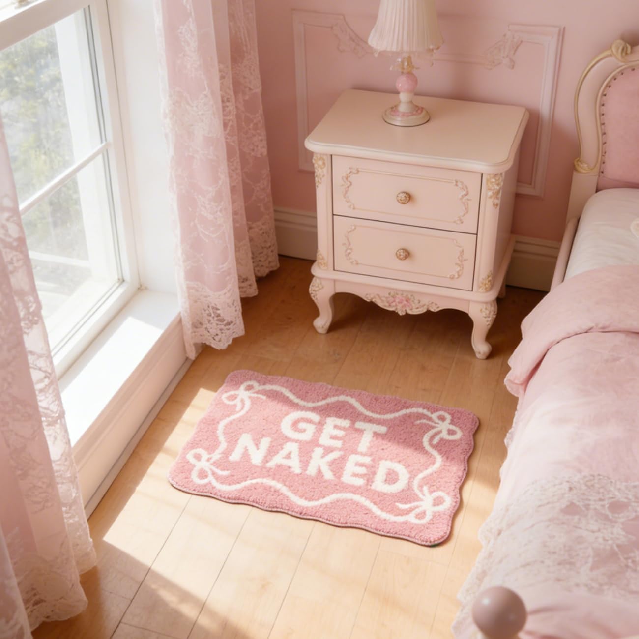 Pink Bow Get Naked Bath Mat Scalloped Bow Bathroom Rugs Cute Tufted Extra Soft Water Absorbent Quick Dry Bath Mats for Bathroom Toilet Non Slip Bath Rug Aesthetic Decor Carpet, 16" x 24"