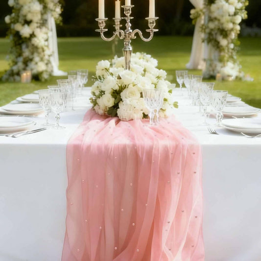 WELTRXE Pearl Table Runner Tulle 30x120 Inch 10FT Long, Pink Gauze Table Runners, Rustic Boho for Wedding Arch Birthday Party Bridal Veil Baby Shower Decorations