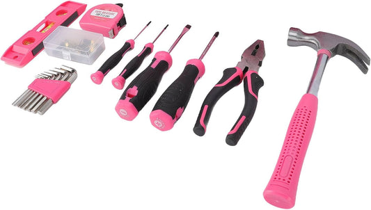 Pomya 18Pcs Pink Hand Tool Set | Complete Home Repair Kit With Hammer Wrench for Women Beginner Portable Toolbox Box/Cover (18Pcs)