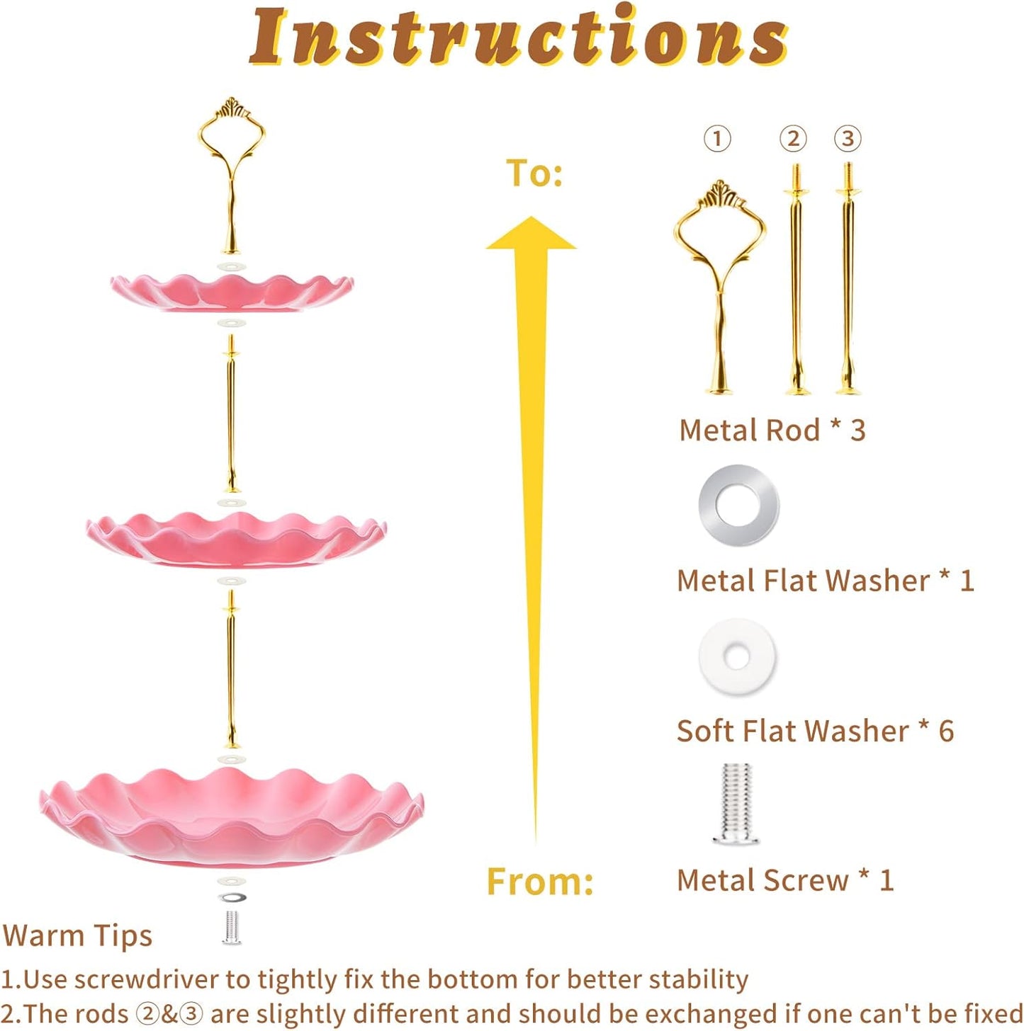 3 Tier Cupcake Stand Holder, BACUTHY Plastic Cup Cake Stand Tower with Tiered Serving Tray for Cupcakes, Donuts, Fruits and More, Pink