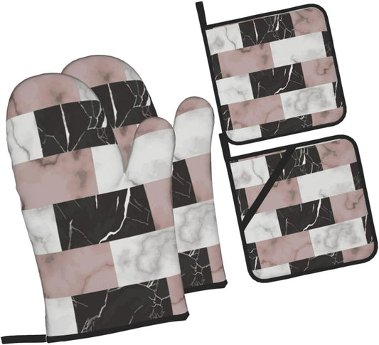 White Pink and Black Brick Marble 4-in-1 Oven Mitts and Pot Holders, Thick Polyester Kitchen Thermal Gloves for Indoor Baking Outdoor Grilling