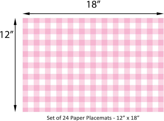 Baby Pink Gingham Paper Placemats - Set of 24 Disposable Placemats 12" x 18" - Perfect for Weddings, Parties, Backyard BBQ's, Bridal/Baby Shower - Printed on Quality Thick Paper - Made in the USA