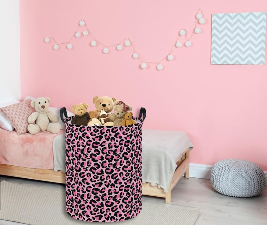 ESSME Laundry Basket,Pink Hamper Collapsible Canvas Waterproof Storage Bin for Girls, Leopard Print Hamper,Gift Baskets(Pink leopard print)