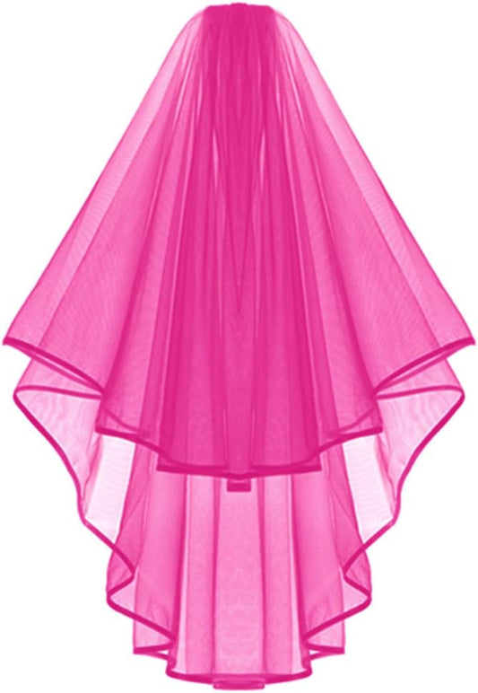 Hot Pink Double Ribbon Edge Center Cascade Bridal Wedding Veil with Comb & Bride To Be Satin Sash- Bachelorette Party Decorations Supplies