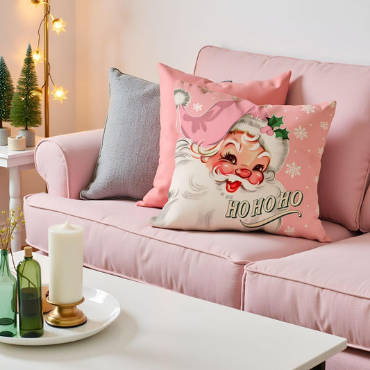 Christmas Throw Pillow Cover 18x18 Inch, Vintage Santa Claus Snowflake Blush Pink Decorative Cushion Case, Outdoor Pastel Xmas Winter Holiday Decoration for Sofa Couch Home Decor