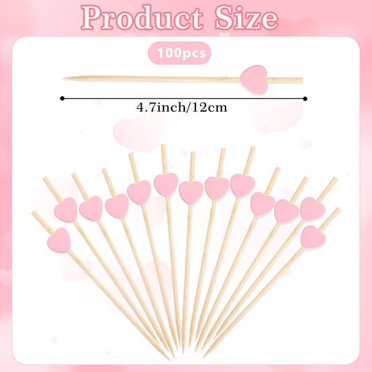 Pink Heart Cocktail Picks, 100Pcs Heart Toothpicks for Appetizers, 4.7 Inch Long Bamboo Cocktail Sticks Skewers Food Fruit Toothpicks Dessert Charcuterie for Galentines Valentines Day Party Decoration