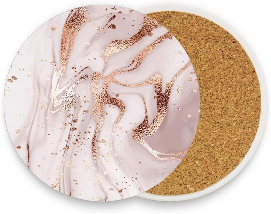 Coasters for Drinks Set of 2 Pieces Absorbent Ceramic Coasters with Cork Base, Pink Marble Rose Gold Texture Coffee Coaster Great Gift for Table, Housewarming, Birthday, Kitchen, Home Decor