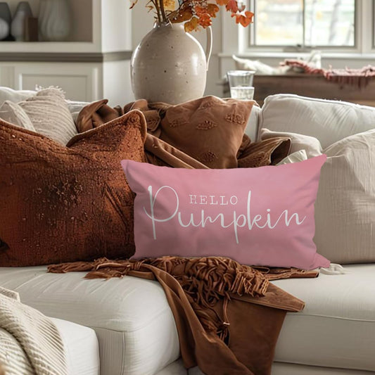 Pink Fall Throw Pillow Cover 12x20, Fall Room Decor, Hello Pumpkin Autumn Decor Pillow Cover Indoor Outdoor Living Room Bedroom Porch Sofa Home Decoration