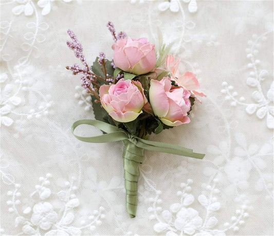 Rose Wedding Wrist Corsage and Boutonniere Set Party Prom Hand Ribbon Flower Suit Decor (Pink)