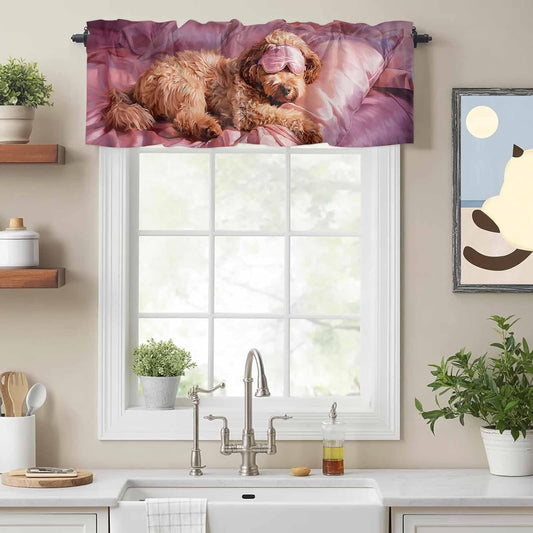 Sleeping Poodle Valance for Windows Eye Mask Animals Fluffy Fur Puppy Pink Kitchen Curtain Valances Window Treatment Short Topper Curtains for Kitchen Bathroom Living Room 1 Panel , 54x18 Inch