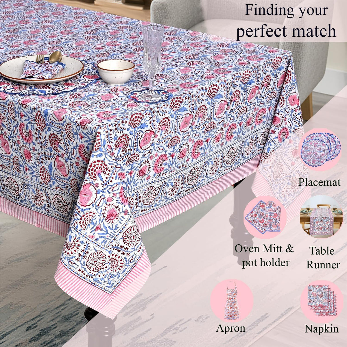 Blue & Pink Hand Block Print Cotton Square Tablecloth 60 x 60 Inch