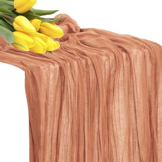 VDS Cheesecloth Table Runner 17” x 108” - 1 PC - Boho Long Crinkle 100% Cotton Gauze Table Runner for Wedding, Bridal & Baby Shower, Party Tablescape, Rustic Farmhouse Table Décor - Coral Peach