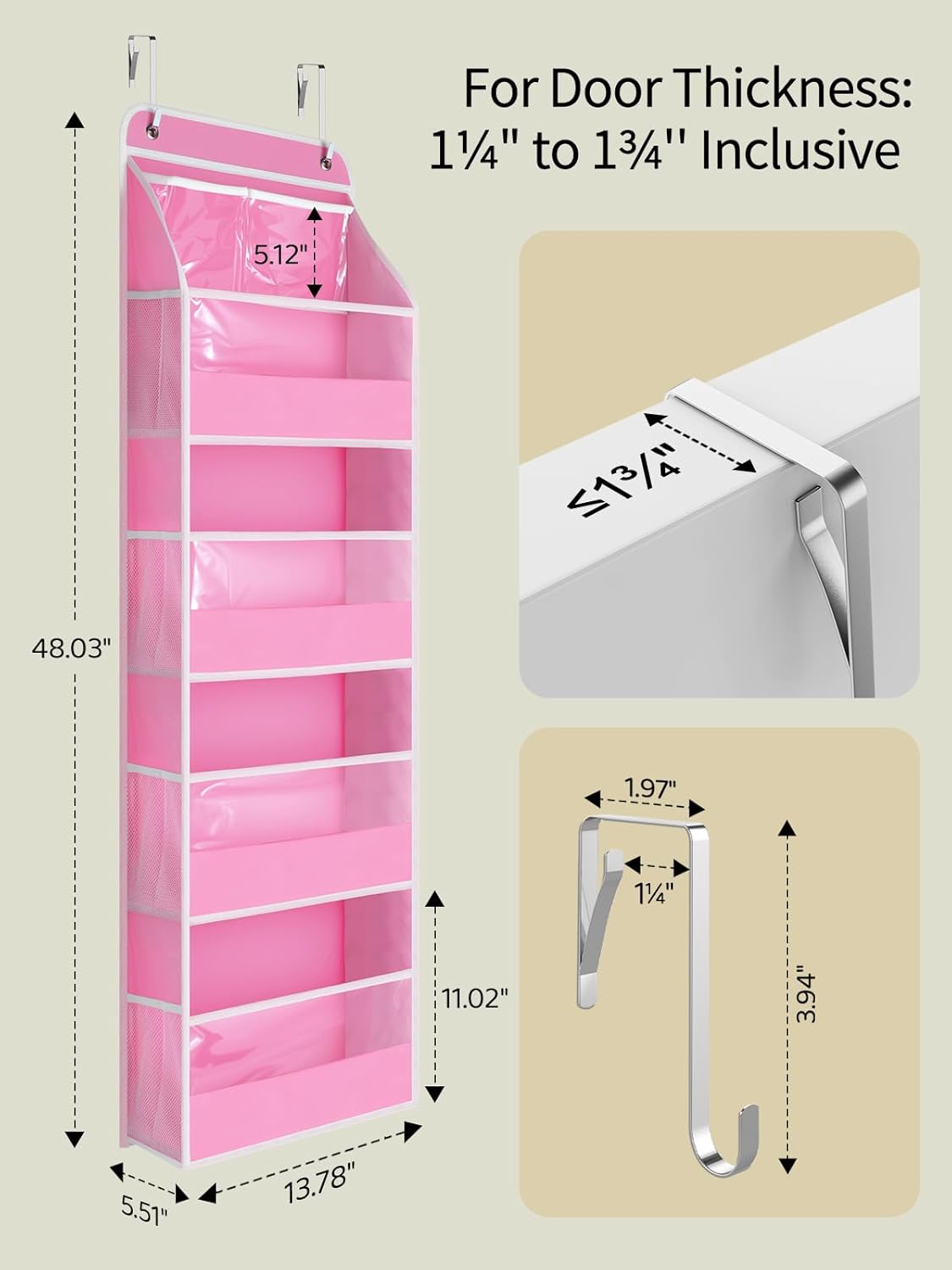 Yecaye 5 Tier Over the Door Organizer, Swing-proof Door Organizer Hanging with Clear PVC Windows, Behind the Door Storage for Bedroom Nursery Closet Laundry Pantry Bathroom, Bubblegum Pink