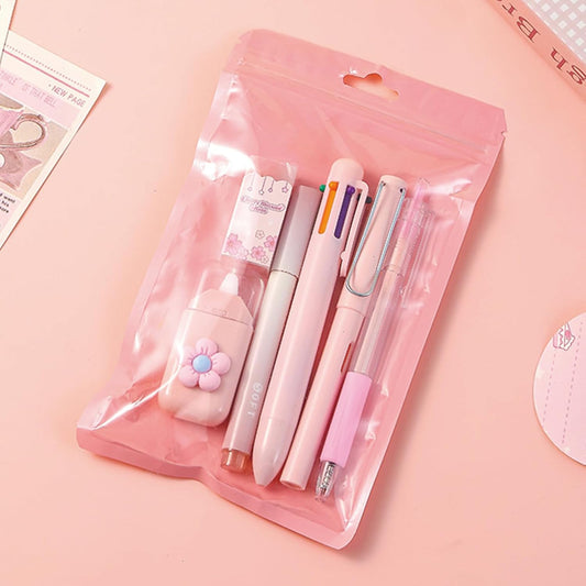 MOZXIRZ 6 Pcs Cute Pink Stationery Set Kawaii School Supplies Office Supplies Women Stationery Kit Including Ballpoint Pens Pencil Highlighter Correction Tape Ruler Eraser (Pink)
