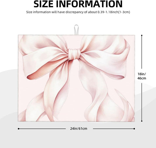 Light Pink Bow Dish Drying Mat 18” x 24” Absorbent Hide Stain Non-slip Backing for Kitchen Sink Countertop Coffee Bar