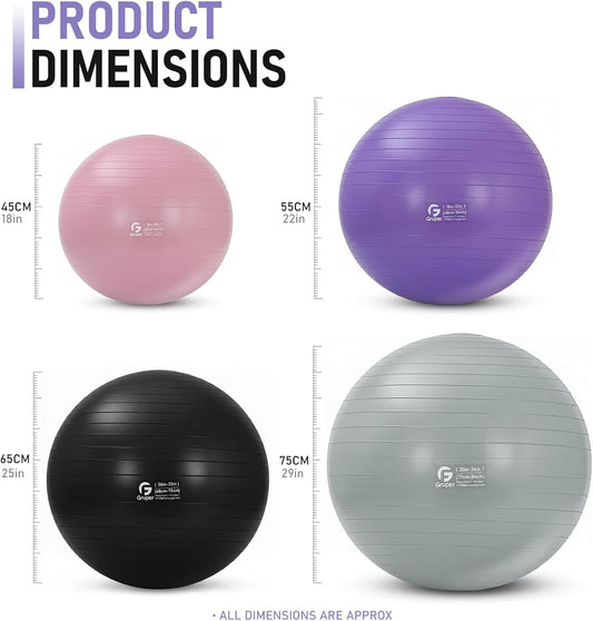 Gruper Exercise Ball, Extra Thick Yoga Ball for Working Out, Yoga & Pregnancy, 4 Sizes Anti-Burst Balance Ball with Foot Pump for Pilates, Physical Therapy & Fitness