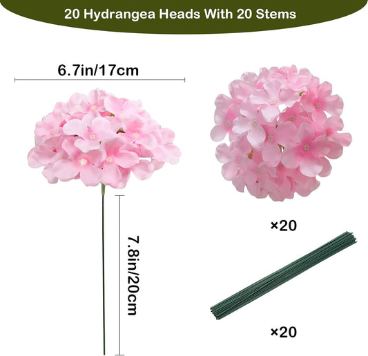 20 Pcs Pink Hydrangea Artificial Flowers Bulk, Faux Hydrangea Flowers Heads, Artificial Fake Silk Hydrangea Flowers with Stems, Pink Flowers Artificial for Decoration Wedding Décor