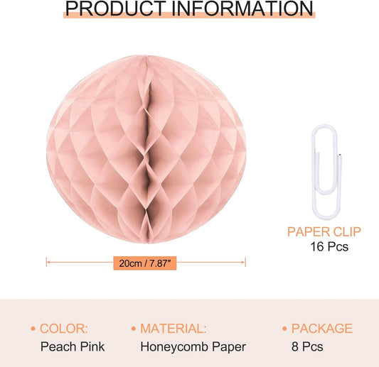 uxcell 8 Pcs Honeycomb Balls, 8" Dia Honeycomb Flower Paper Pom Poms Paper Flowers Crafts for DIY Crafting Home Decor Birthday Christmas Party, Peach Pink