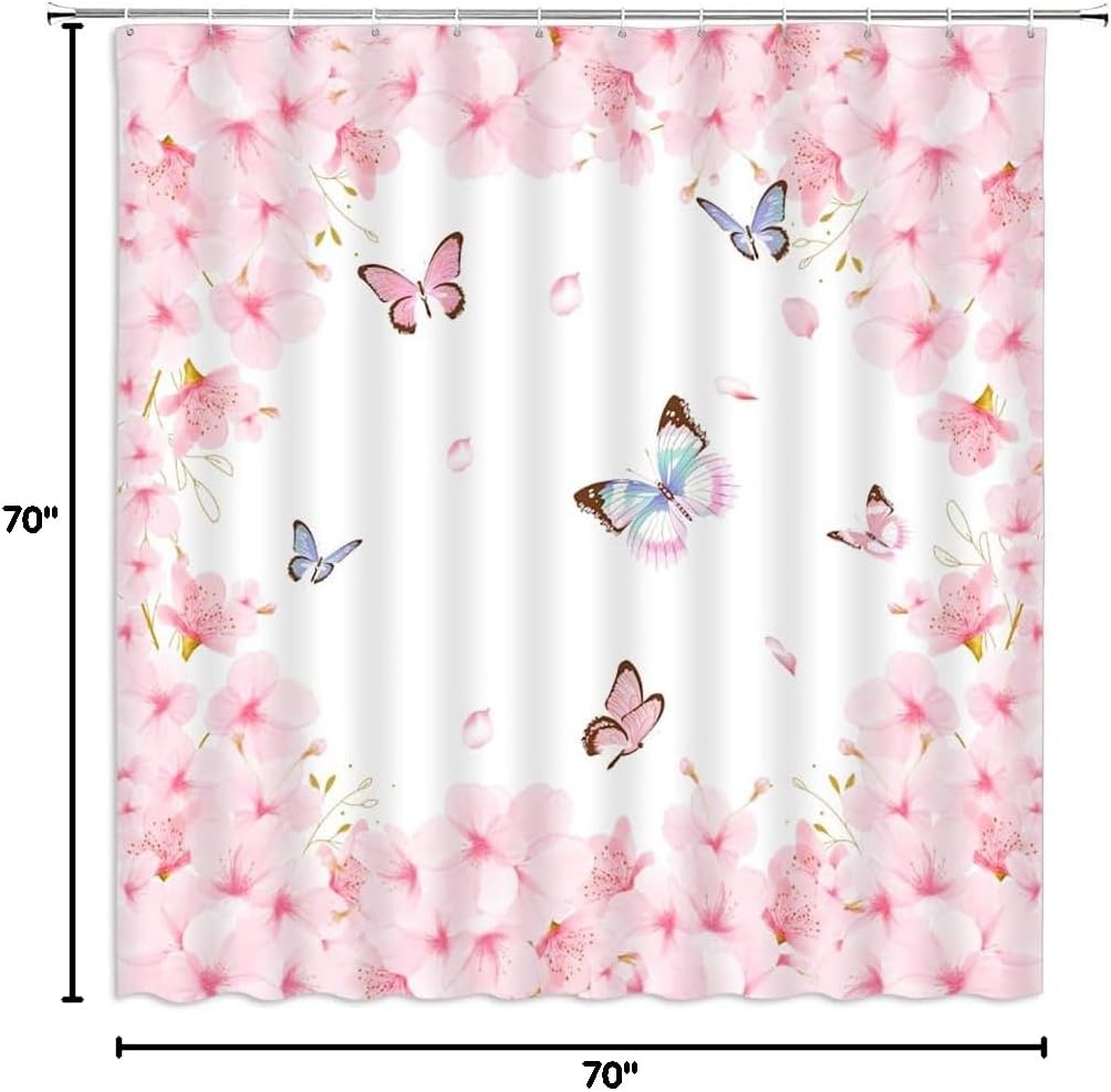 Spring Pink Floral Shower Curtain Cherry Blossoms Butterfly Asian Elegant Flower Valentine's Day Women Girl Charming Romantic Petal Bathroom Curtain Set Polyester Fabric Hooks 70 X 70 Inch