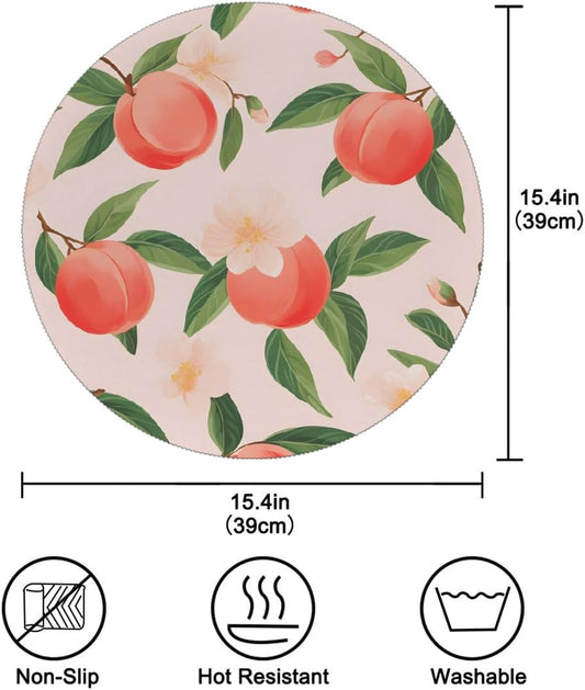 Round Placemats Set of 4, Pink Peach Fruit Heat Resistant Washable Place Mats Table Mat for Kitchen Dining Party