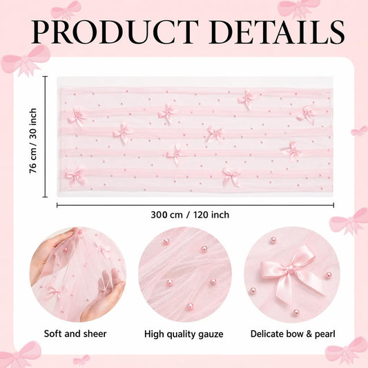 Pearl Table Runner for Wedding, 30x 120inch Pink Bow Gauze Table Runner for Holiday Wedding Birthday Bridal Shower Table Decor Home Party(Pink)