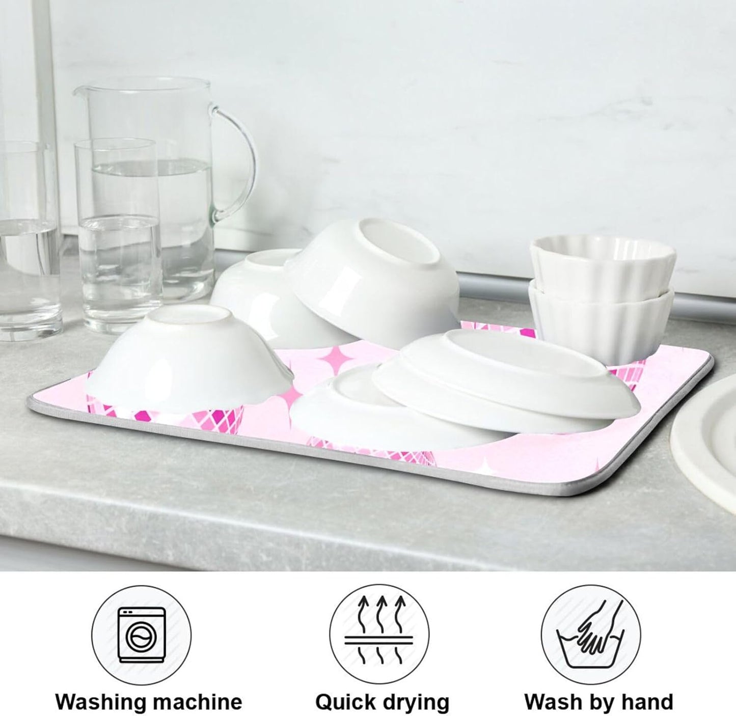 Disco Balls Pink Dish Drying Mat for Kitchen Counter Absorbent Microfiber Drying Pad, Medium 16x18 in, Reversible Drainer Mats
