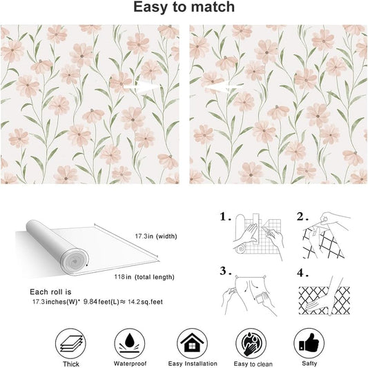 Pink Floral Wallpaper Peel and Stick Daisy Wallpaper Textured Boho Contact Paper Removable Vintage Stick on Self Adhesive for Bedroom Bathroom Cabinets, Pink Green, 17.3 x 118 inch