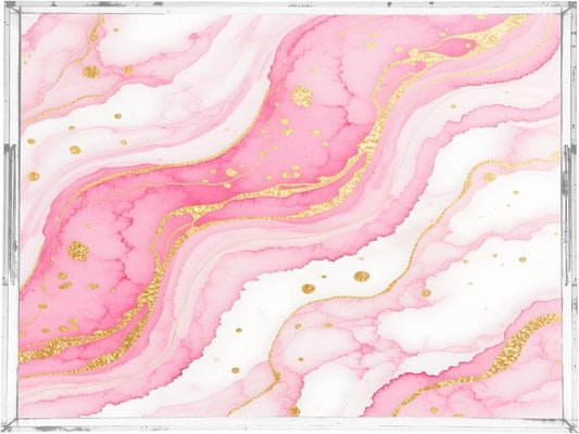 Kigai Pink Gilded Fluid Marble Serving Tray with Handles, 12x16 Inch Decorative Acrylic Tray Organizer, Multi-Purpose Sturdy Serving Platter for Coffee Table, Kitchen, Vanity, Nightstand