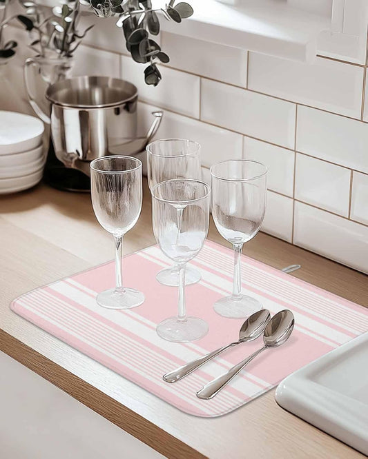 Pink Striped Dish Drying Mat 1 Pack, Modern Classic Stripe Rustic Country Farmhouse Absorbent Heat Insulating Kitchen Drying Pad Drainer Mats for Sink Counter Pot Dishes 16 X 18 Inch