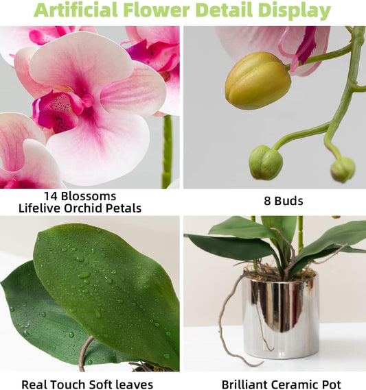CXGS Artificial Orchid Flowers Light Pink Faux Orchids with Ceramic Vase Vivid Fake Phalaenopsis Flower Arrangement Gorgeous Artificial Plants for Wedding Party Exhibition Center Home Decor