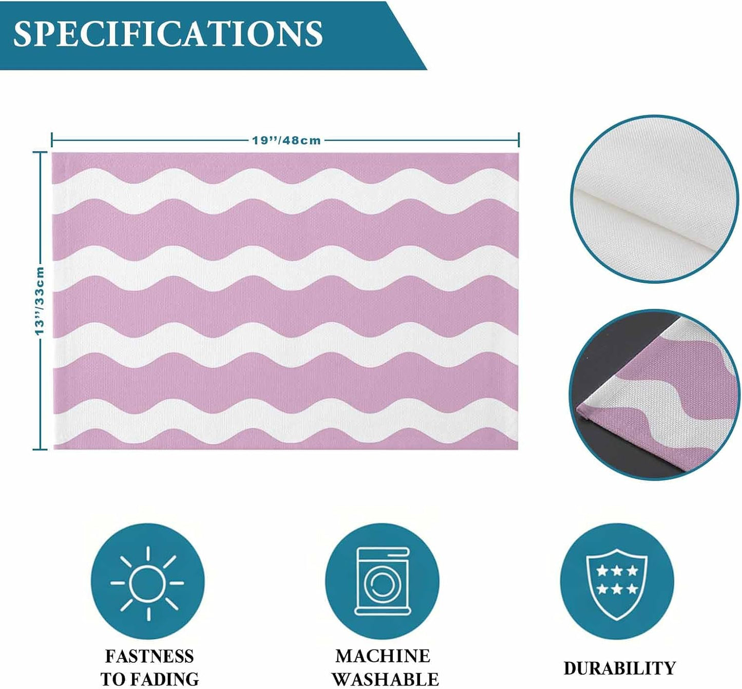 Pink and White Stripes Placemat Set of 6 Non-Slip Placemats for Dining Table Sea Wave Washable Table Mats, Heat Resistant Kitchen Table Mats for Party, Dining Room & Home Decor