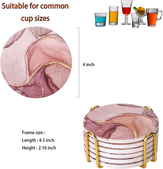 Absorbent Pink Marble Ceramic Coasters for Drinks with Gold Holder and Cork Base Set of 6 Round Decorative Tabletop Protection for Coffee Table Bar Kitchen Home and Dining Room