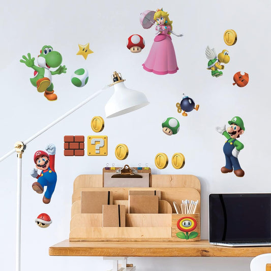 RoomMates Super Mario Brothers Peel and Stick Wall Decals, 20 Decal Set, Vinyl, Red, Blue, Pink, Removable Repositionable, No Sticky Residue, For Renters and Homeowners