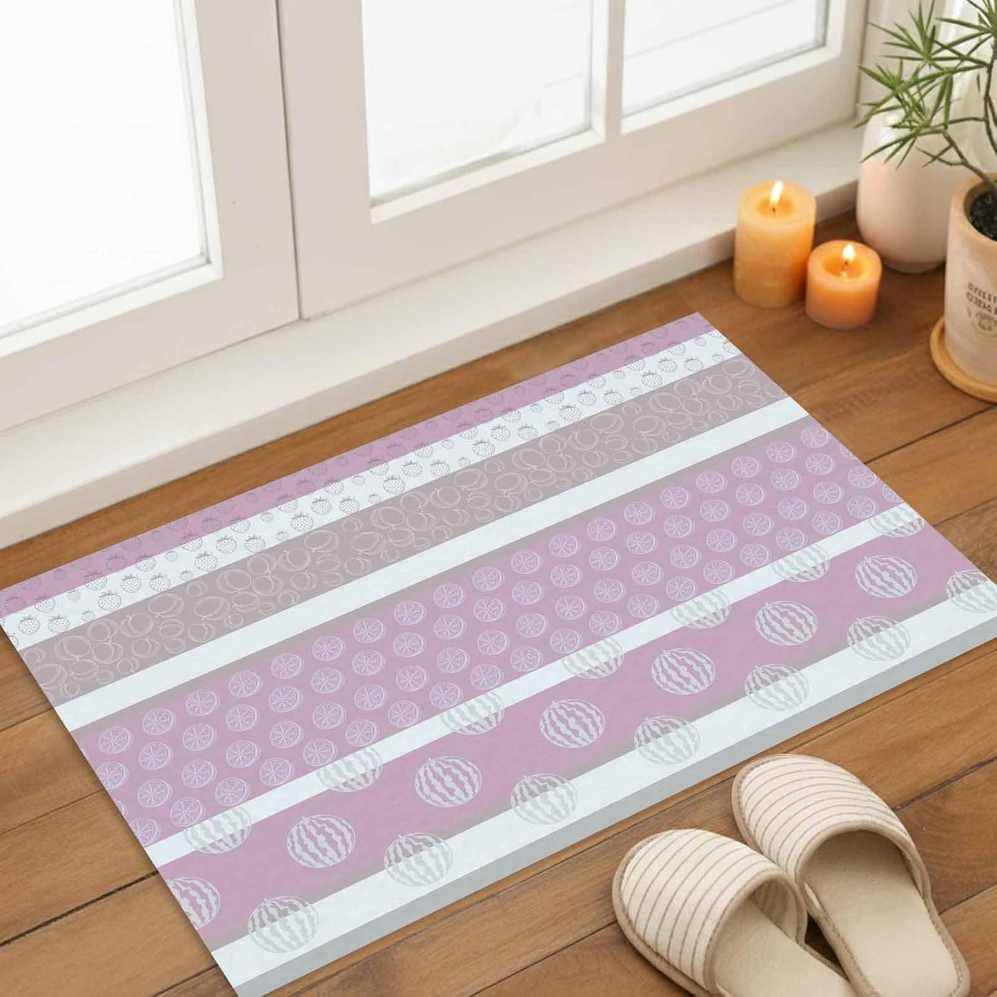 Farm Fruits Indoor Door Mat - 16"x24", Non-Slip Welcome Mat for Outdoor, Watermelon Lemons Peach Pink Grey Striped Front Doormat for Entry, Low-Profile Doormat Entrance Rug for Kitchen/Bathroom