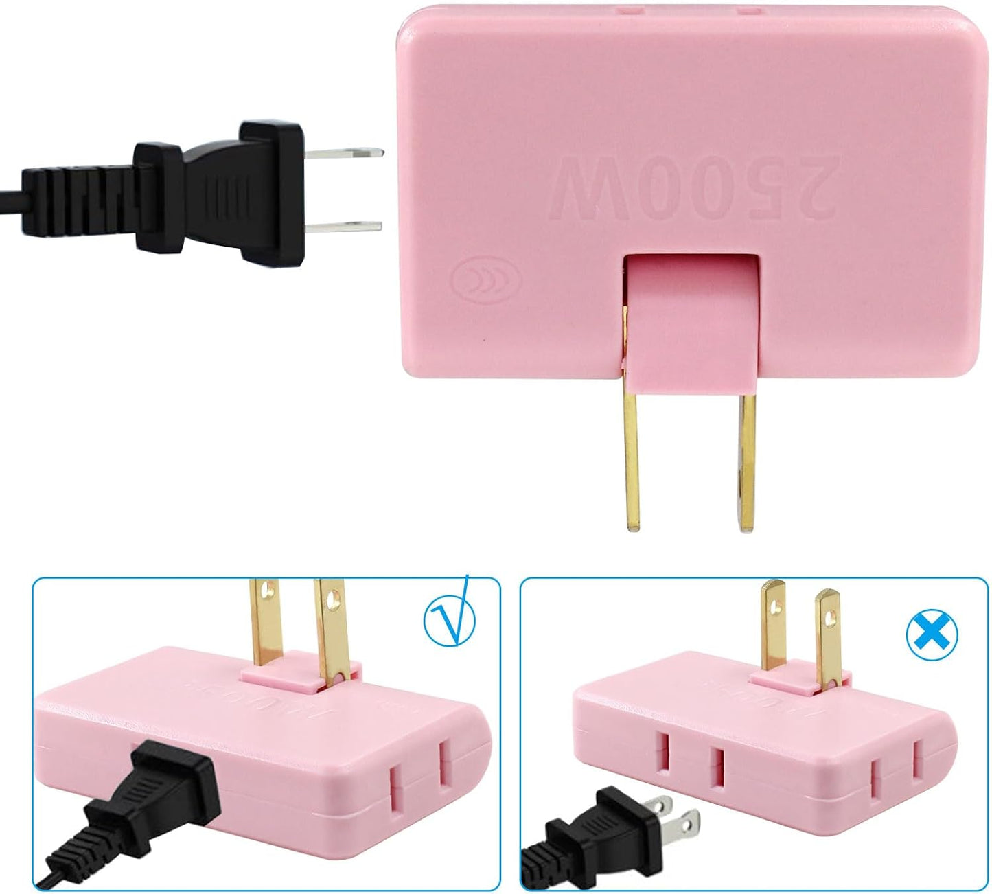 Zorfeter 2Pcs 3 in 1 Pink Rotatable Flat Wall Outlet Extender, Flat Plug Adapter Outlet 2500W, Power Socket Converter Plug Perfect for Home and Travel