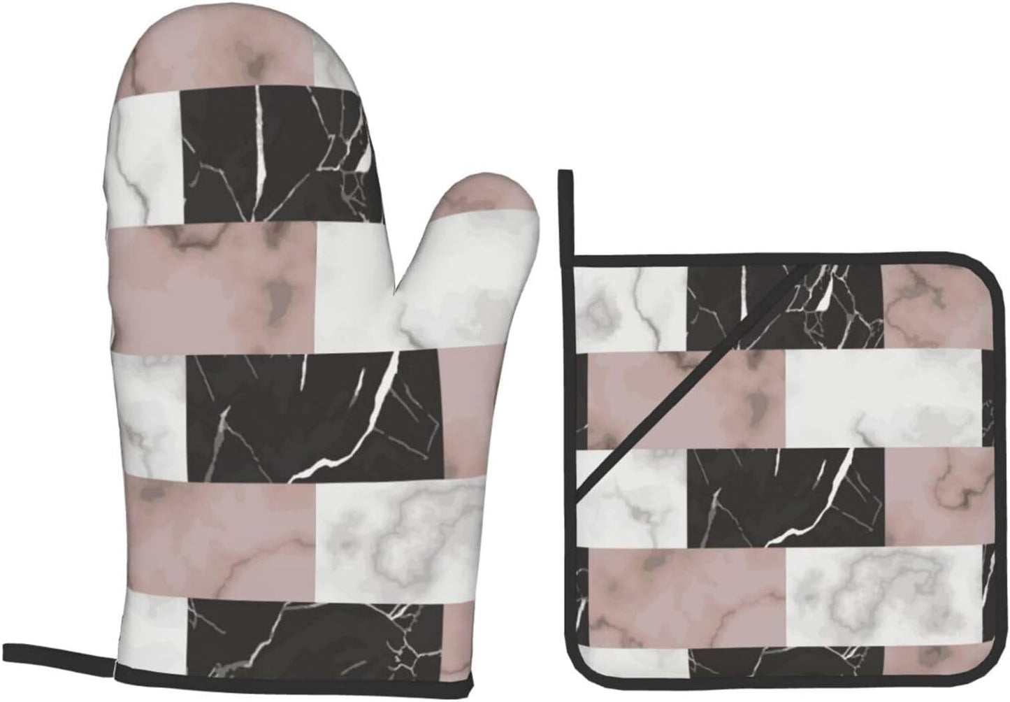 White Pink and Black Brick Marble 4-in-1 Oven Mitts and Pot Holders, Thick Polyester Kitchen Thermal Gloves for Indoor Baking Outdoor Grilling