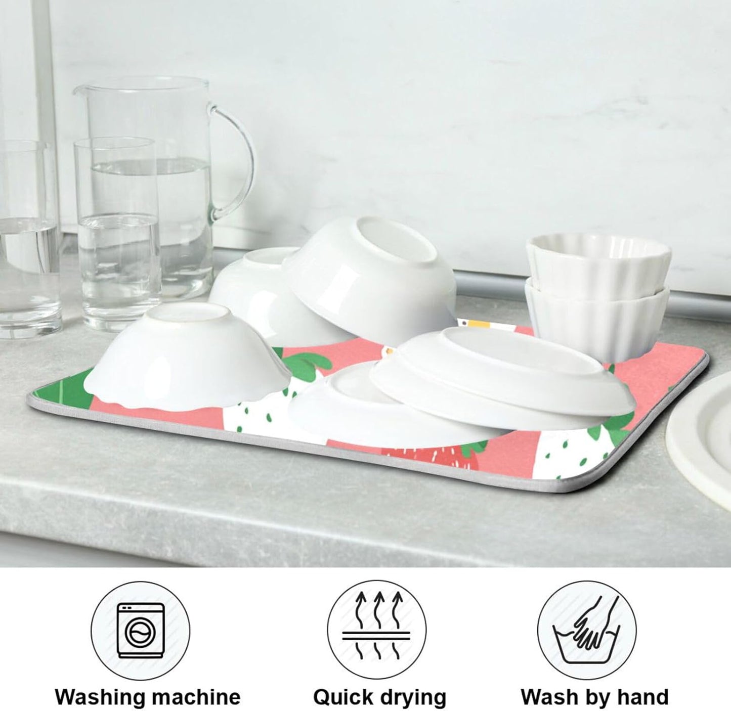 Dish Drying Mat 16x18 For Kitchen Counter Cute Strawberry Pink Green Absorbent Dishes Drainer Rack Mats Microfiber Reversible Dish Drying Pad Fast Dry Kitchen Accessories