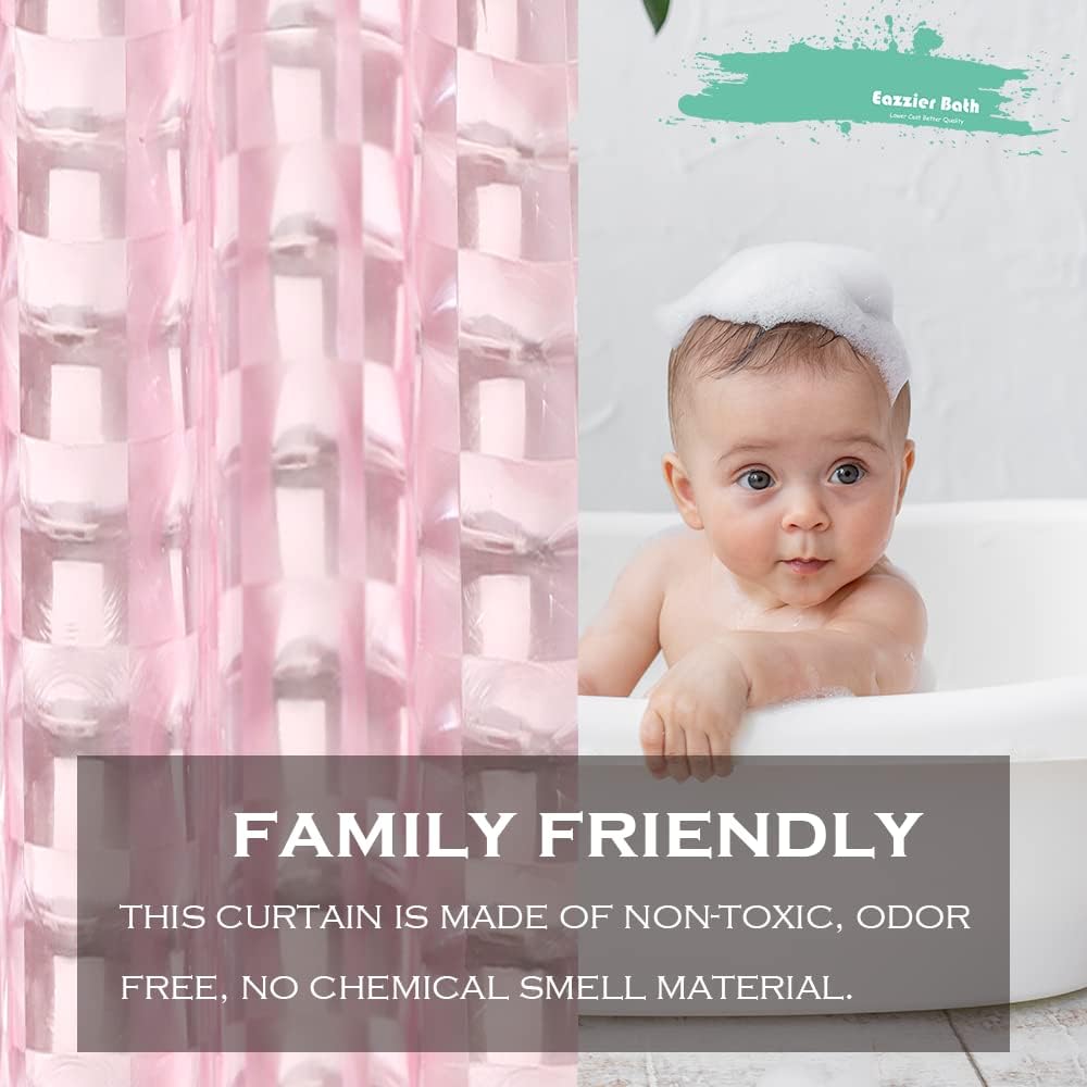 Blush Pink 3D Crystal Plastic Shower Curtain Liner, 72x72 Inch Thin Lightweight Plastic Bathroom Shower Showroom Inner Curtain with Rustproof Metal Grommet Holes and Weighted Magnets