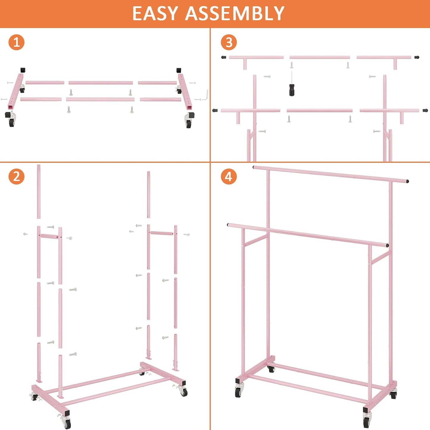 Calmootey Double Rod Clothing Garment Rack,Rolling Hanging Clothes Rack,Portable Clothes Organizer for Bedroom,Living Room,Clothing Store,Pink
