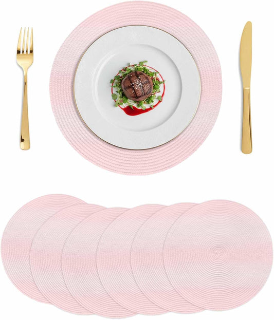 Round 13'' Placemats Set of 6, Pink Ombre HeatResistant Polypropylene Placemats, Farmhouse Pink Gradient Color Aesthetic Washable Braided Place Mats for Dining Table, Non Slip Kitchen Table Decor