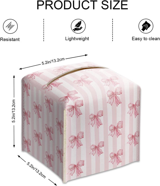 Pink Bows Stripe Tissue Box Cover Square, Leather Tissue Box Holder with Bottom Belt, Facial Paper Holder for Bathroom Vanity Countertop, Nightstands, Dining Table, Office, Car -31