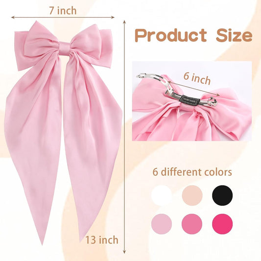 Unbednigt Hair Bows for Women, 6 PCS Silky Satin Hair Clips, Large Bow Hair Barrettes, Oversized Long Tail, Pink Color, Metal Bow Hair Clips, Aesthetic Hair Accessories