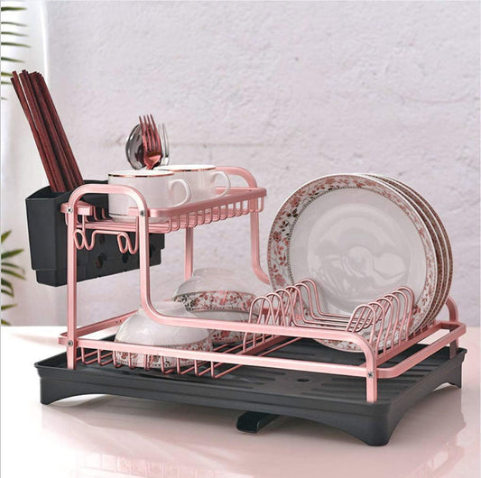 Tomorotec Never Rust Aluminum Dish Rack and Drain Board with Utensil Holder, 2-Tier Kitchen Plate Cup Dish Drying Rack Tray Cutlery Dish Drainer (Matt Rose Gold)
