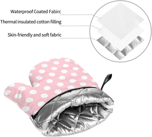 Light Pink Polka Dot Print Oven Mitts and Pot Holders 4 pcs Set, Heat Resistant Silicone Oven Mitts Pot Holders for Kitchen Baking Cooking, Non-Slip Hot Pads Potholders Gloves