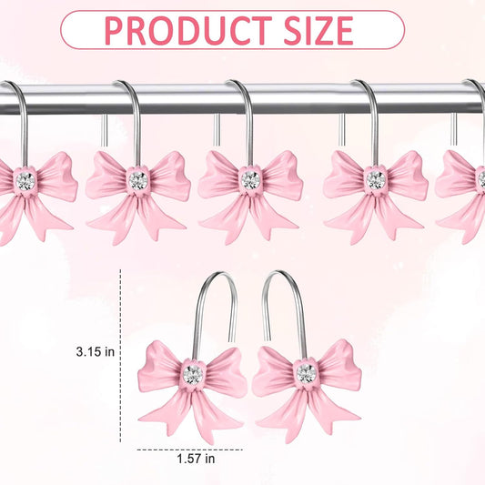 12pcs Pink Bow Shower Curtain Hooks Set, Bow Hooks Bathroom Rings Rust-Proof Resin Bow Pink Bathroom Accessories Hook, Shower Curtain Rings Shower Hooks for Straight Bent Rods Girls Bathroom Decor