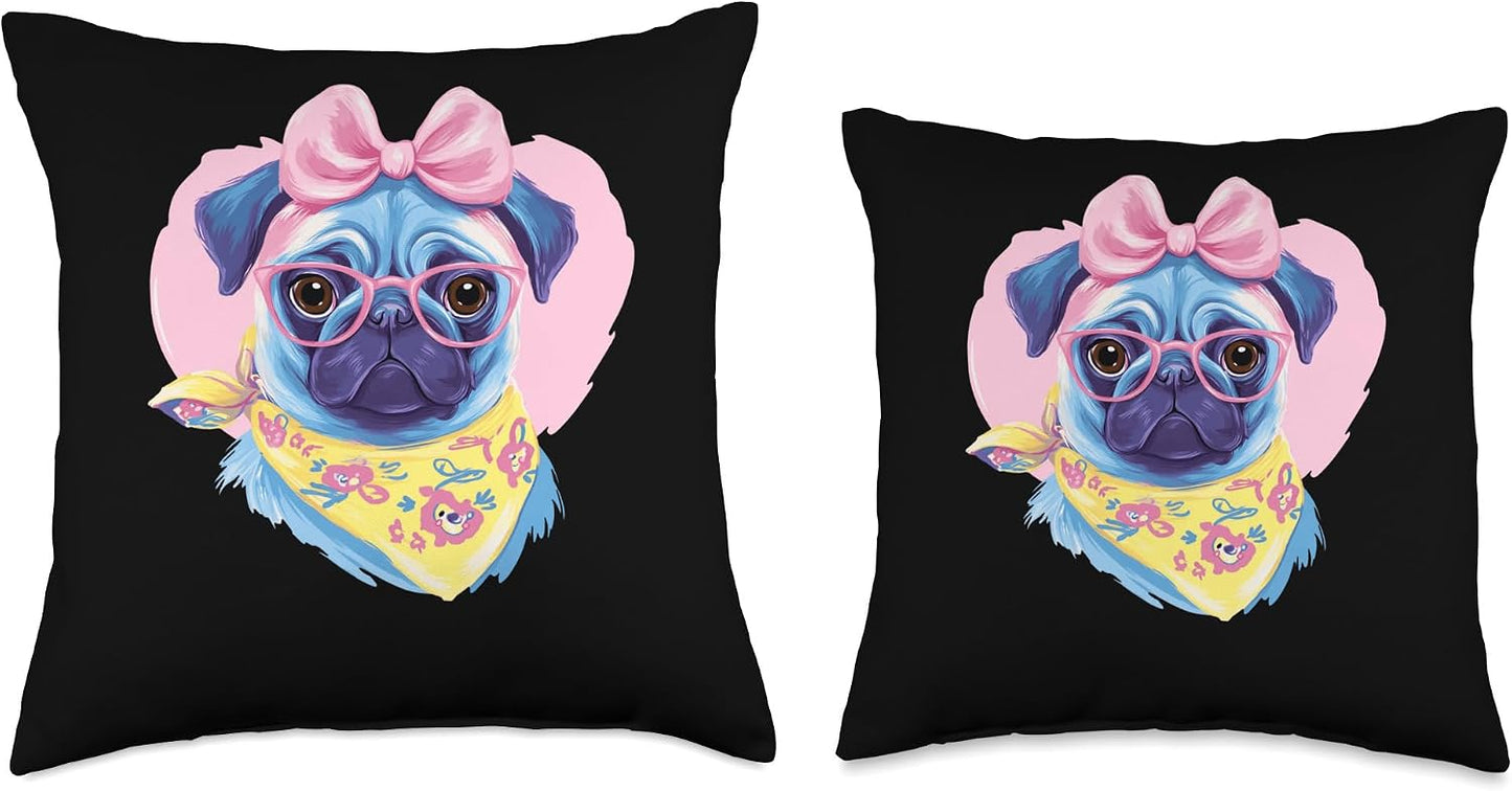 Blue Pug Portrait Dog Lover Graphic Pink Glasses Bow Yellow Throw Pillow